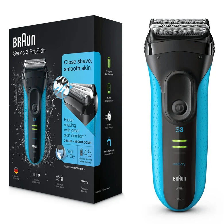 Braun Series 3 ProSkin 3040s Rasoio Barba Elettrico, Nero/Blu