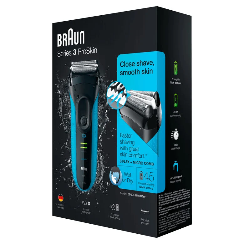 Braun Series 3 ProSkin 3040s Rasoio Barba Elettrico, Nero/Blu