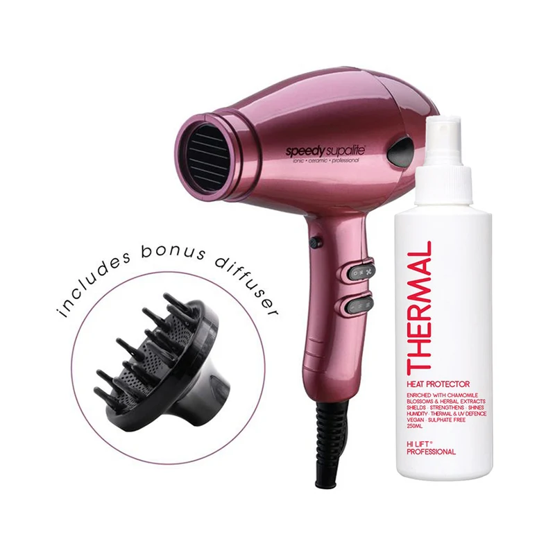 Supalite Dryer With Bonus Hi Lift Thermal Spray Heat Protector 250ml - Purple