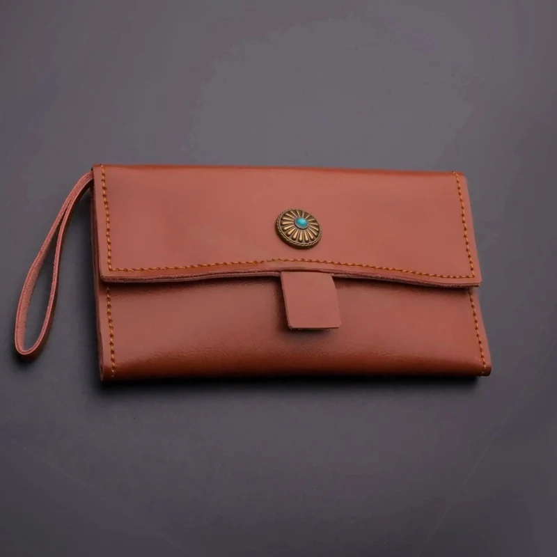 Portafoglio forbici in pelle marrone Boho - Custodia artigianale a 5 tasche