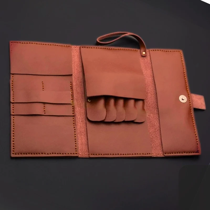 Portafoglio forbici in pelle marrone Boho - Custodia artigianale a 5 tasche