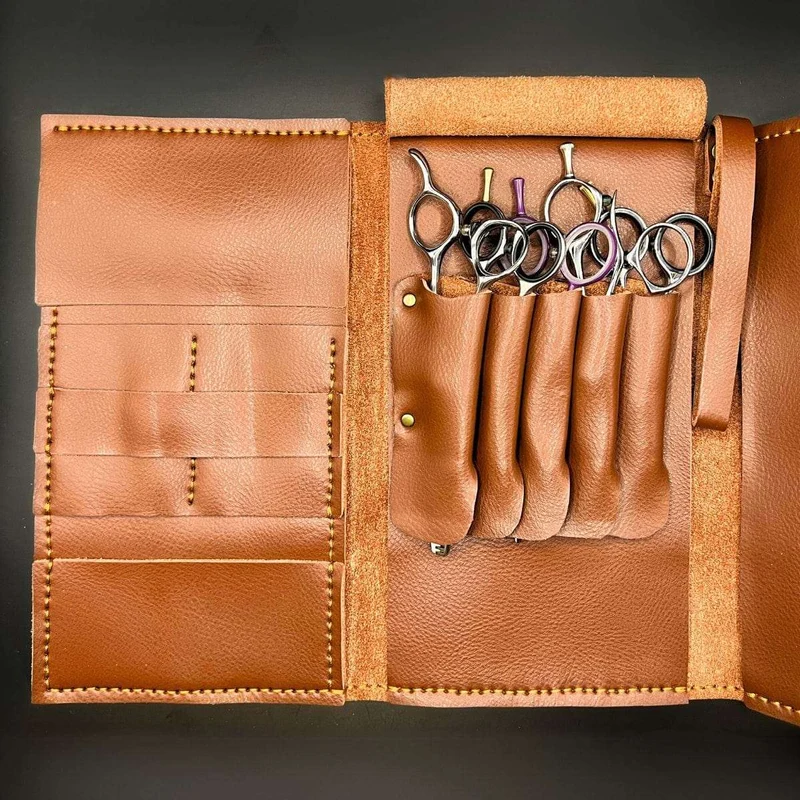 Portafoglio forbici in pelle marrone Boho - Custodia artigianale a 5 tasche
