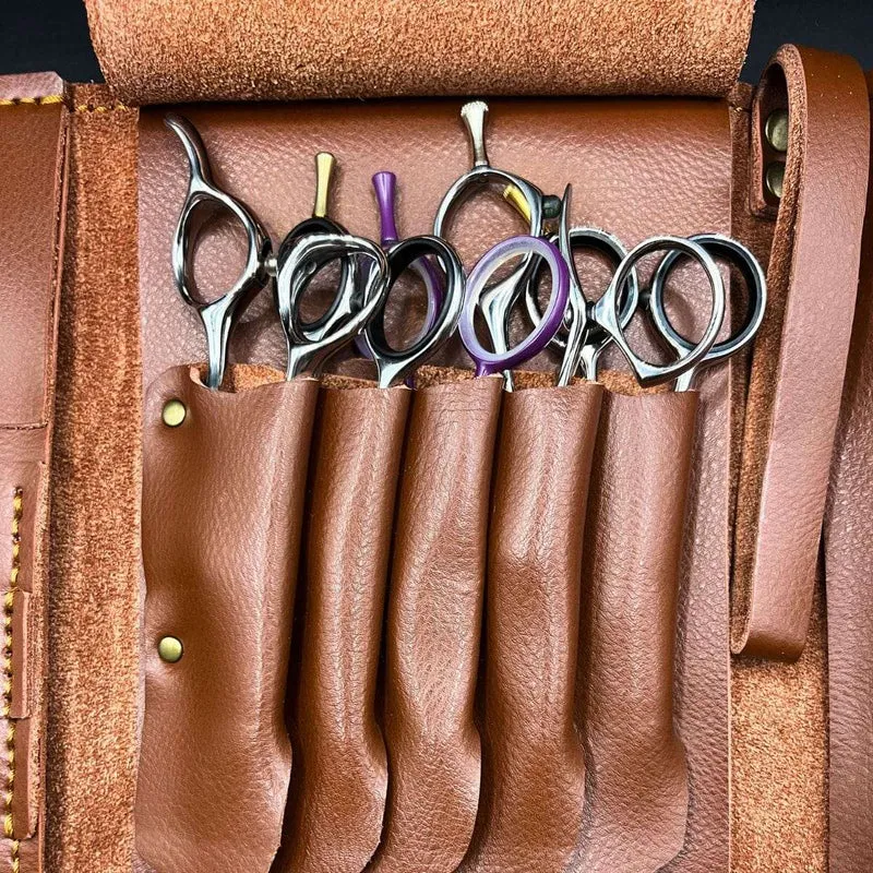 Portafoglio forbici in pelle marrone Boho - Custodia artigianale a 5 tasche