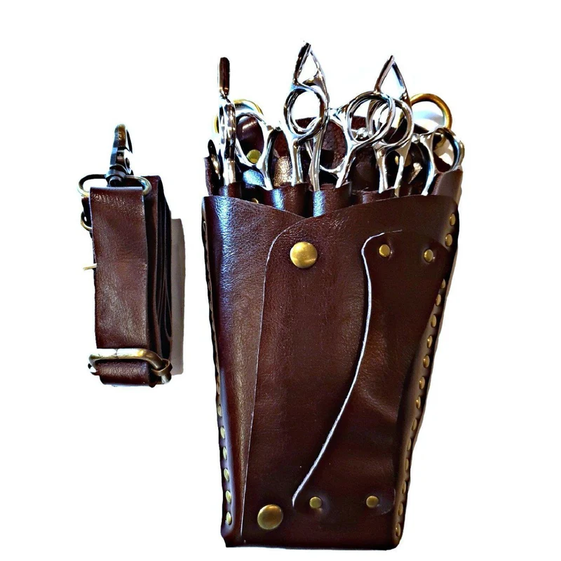 Elegante fondina in pelle marrone: proteggi 5 forbici per capelli