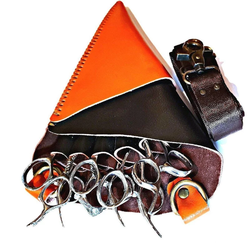 Fondina in pelle premium arancione e marrone: proteggi 5 forbici per capelli